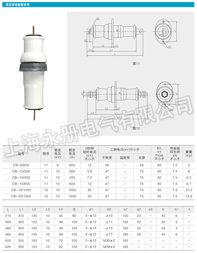 陶瓷高壓穿墻套管系列的外形及參數(shù)